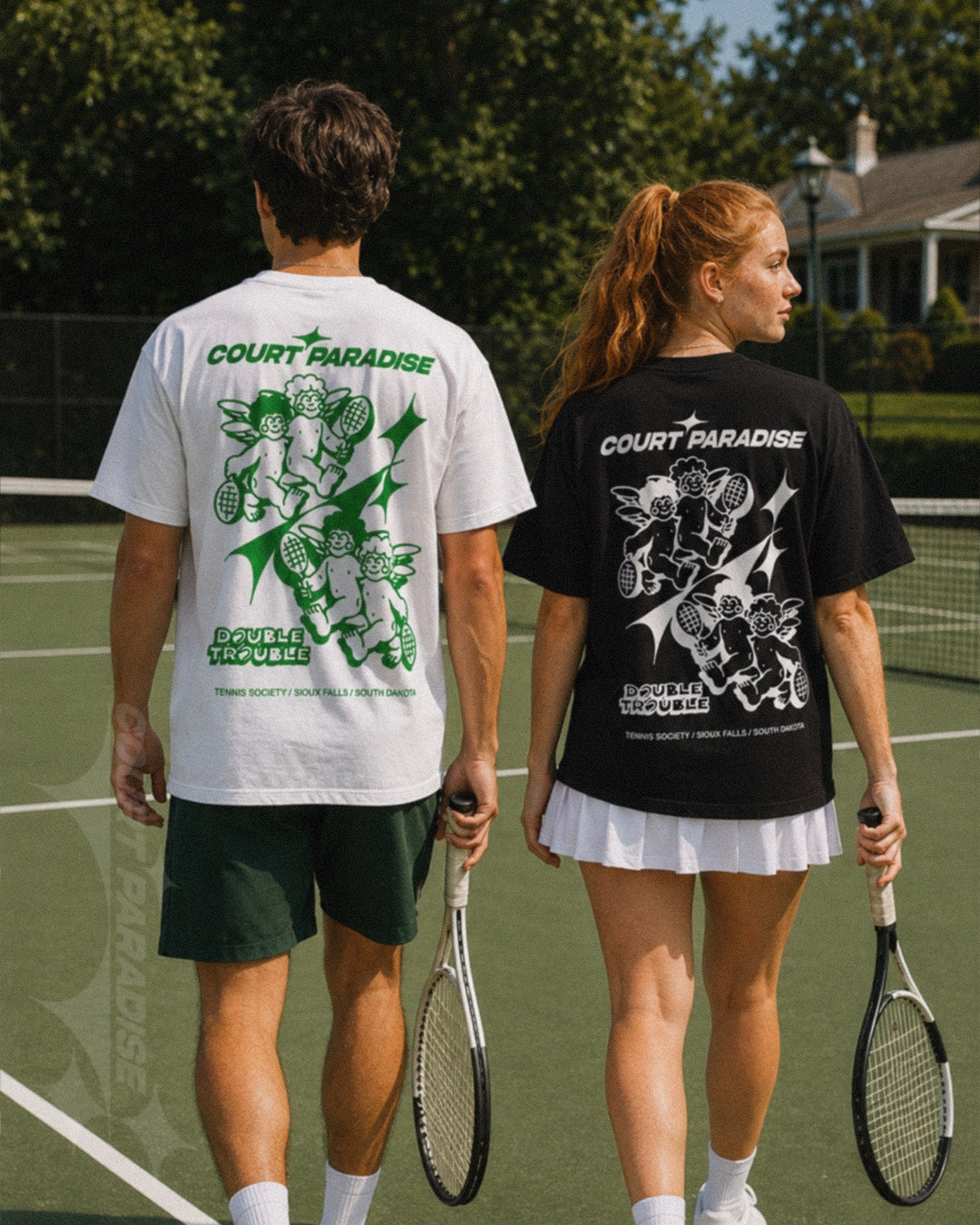 Court Paradise Double Trouble Tee Black White — community lifestyle, Tennis Society Sioux Falls SD