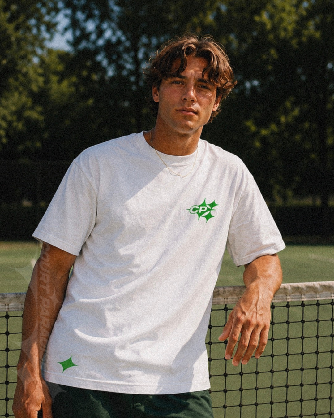 Court Paradise Double Trouble Tee White Green — on-body fit, oversized relaxed tennis tee