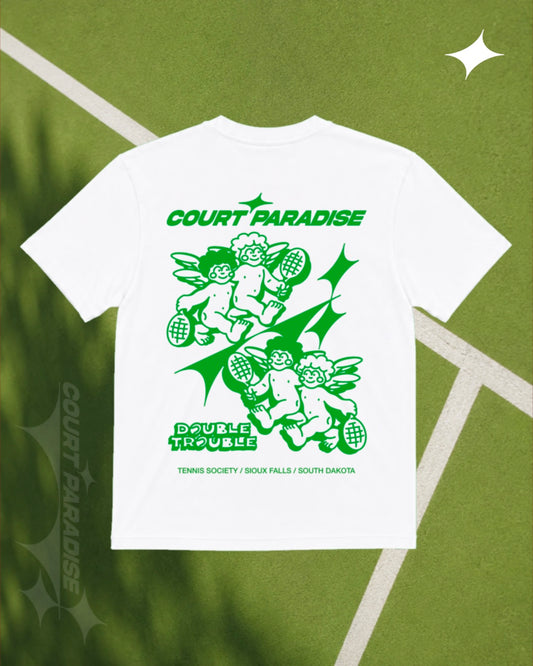 Court Paradise Double Trouble Tee White Green — back view, tennis lifestyle apparel Sioux Falls SD