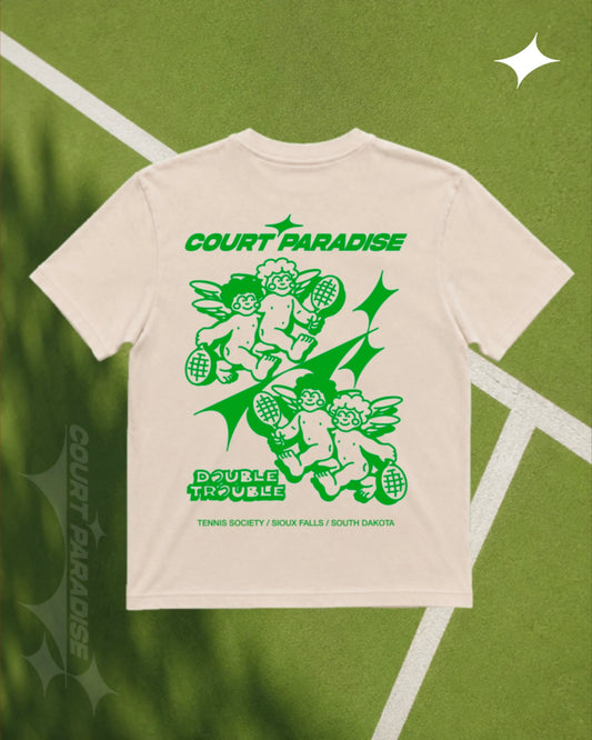 Court Paradise Double Trouble Tee Ecru Green — back view, tennis lifestyle apparel Sioux Falls SD