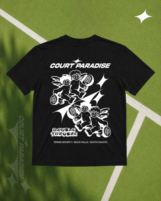 Court Paradise Double Trouble Tee Black White — back view, tennis lifestyle apparel Sioux Falls SD