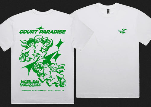 Court Paradise Double Trouble Tee white green — cherub tennis players graphic